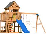 Axi Jack Casetta Per Bambini In Legno Con 2 Altalene, Scivolo Blu / Parco Giochi All'aperto, Recinto Con Sabbia, Trapezio / Parete Di Arrampicata | Giochi In Legno Per Esterni