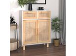 Vidaxl Credenza Bianca 60X30X75 Cm In Pino Massiccio E Rattan Naturale