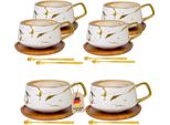 Tazza Intirilife 6X In Ceramica Con Design In Marmo Bianco - Circa 200 Ml - Tazza Da Caffè, Tazza Da Tè Con Sottobicchiere In Legno, Tazza Per Caffè, Tè, Latte, Cacao E Molto Altro