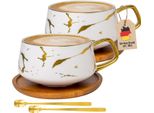 Intirilife 2X Tazza In Ceramica Con Design In Marmo In Bianco - Circa 200 Ml - Tazza Da Caffè, Tazza Da Tè Con Sottobicchiere In Legno, Tazza Per Caffè, Tè, Latte, Cacao E Molto Altro Ancora