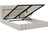 Letto Imbottito Proximax 140X200Cm Con Usb, Letto Per Ragazzi Letto Matrimoniale Con Rete A Doghe E Contenitore, Letto Contenitore Con Led, Lino, Beige