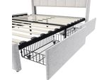 Cdglobal Letto Imbottito 140X200Cm Con Usb E Prese, Letto Per Ragazzi Letto Matrimoniale Con 4 Cassetti, Letto Contenitore Letto In Legno Massiccio Con Led/Tipo C E Rete A Doghe, Lino, Beige