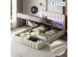 Letto Imbottito Cdglobal 140X200Cm, Letto Matrimoniale Con Vano Contenitore E Rete A Doghe, Testata Con Illuminazione A Led, Funzione Di Ricarica Usb E Vano Contenitore, Spalliera Idraulica Del Letto Beige