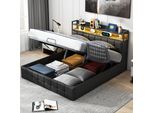 Unboxg Letto Imbottito 160X200Cm Letto Contenitore Con Led, Usb E Prese Di Corrente Letto Matrimoniale Letto A Molle Con Rete A Doghe E Contenitore, Letto Funzionale Letto Per Ragazzi, Pu, Nero
