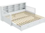 Divano Letto Sweiko In Legno Massiccio 90/180X190 Cm, Armadio Con Presa Di Ricarica Nel Poggiapiedi, Con 2 Cassetti E Rete A Doghe, Letto Multifunzionale In Pino , Bianco