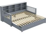Divano Letto Sweiko In Legno Massiccio 90/180X190 Cm, Armadio Con Presa Di Ricarica Nel Poggiapiedi, Con 2 Cassetti E Rete A Doghe, Letto Multifunzionale In Pino , Grigio