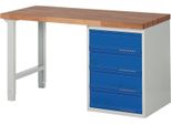 Banco Da Lavoro Serie Bk 650 L1500Xp700Xh840Mm Faggio Massiccio Grigio Chiaro/Blu Genziana 4 Cassetti