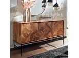 Finebuy Credenza In Legno Massello Di Sheesham 120 Cm Con 3 Ante - Comò Retrò Massiccio Con Struttura In Metallo Nero - Credenza Di Design Naturale - Artigianato Industriale
