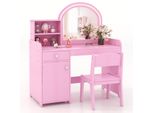 Costway Set Da Toeletta Per Bambini 2 In 1, Toeletta Con Sgabello, Luci Led, Specchio, Armadietto E Cassetto, Rosa