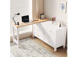 Scrivania Con Cassettiera A 7 Cassetti -2 In 1 Banco Da Lavoro E Credenza Girevole, Look Rovere, Piano Girevole A 360°, Bianco/Naturale