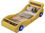 Letto Imbottito, Letto Singolo 90X200Cm, Letto Per Bambini, Letto Per Ragazzi, Letto Imbottito Con Ruote Luminose E Contenitore, Pu, Senza Materasso, Giallo