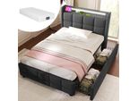 Letto Imbottito Con Testiera Usb E Led E 2 Cassetti, Letto Singolo 90X200Cm Struttura Letto Contenitore, Grigio Con Materasso