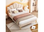 Letto Imbottito, 140 X 190 Cm, Letto Matrimoniale, Letto A Conchiglia Con Gambe In Ferro Dorato, Rete A Doghe In Legno, Beige