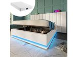 Letto Imbottito 160×200, Letto Matrimoniale Contenitore Con App Control Led ,Pu, Bianco, Con Materasso, Senza Comodino