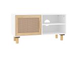 Syfax™ Mobile Tv Bianco 80X30X40 Cm Massello Pino E Rattan Naturale