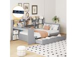 Divano Letto In Legno Massiccio Sweiko, 90X200 Cm, Con Scrivania, Libreria E Ripiani, Con Presa Di Corrente, Con 2 Ampi Vani Portaoggetti, Letto Multifunzionale In Legno, Grigio