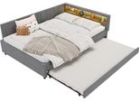 Letto Da Giorno Sweiko, 140X200Cm, Letto Da Giorno, Divano Letto, Vano Contenitore Sul Letto, Usb+Tipo C, Telecomando Per Luce Ambiente Led, Letto Con Letto Estraibile, Letto Con Rete A Doghe (Senza Materasso), Lino, Grigio
