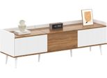 Mobile Tv Sweiko, Tavolo Tv, Supporto Tv, Base A Tre Ante. Struttura Compatta. Finiture In Legno Bianco E Naturale. Altezza 49,5 Cm / Lunghezza 160 Cm / Larghezza 39 Cm