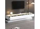 Mobile Tv Sweiko 200X40X40Cm, Lavagna Bassa Con 3 Cassetti, Mobile Tv Lucido, Mobile Da Soggiorno Con Ampio Spazio Di Archiviazione, Tavolo Tv Bianco Caldo Con Bordo Dorato, Mobile Tv A Pavimento