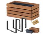 Fioriera In Legno Rettangolare - Impregnata Marrone, Con Inserto In Plastica - Fioriera Per Balcone 45X23 H20 + Supporto