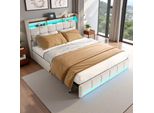 Letto Imbottito Proximax 180X200 Cm - Lino Beige, 4 Cassetti, Illuminazione Led, Connessione Usb E Type-C - Ideale Per Camere Da Letto