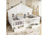Letto Per Bambini Merax In Legno 90X200 Cm Con 2 Cassetti Su Rotelle, Letto A Casetta Con Tetto E Finestre, Letto Singolo Per Ragazzi Con Rete A Doghe In Legno, Bianco