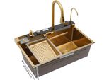 Lavello Da Cucina - Cascata Digitale - 75 X 46 X 22 Cm - Vasca Singola - Con Rubinetteria - Temperatura Regolabile - Diversi Tipi Di Getto - Acciaio Inossidabile - Oro