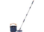 Mop A 360° E Secchio - Set Spin Mop - Doppia Camera Per Acqua Pulita/Sporca - Sistema Di Separazione Automatica - Manico In Acciaio Inossidabile - Testina In Poliestere - Blu