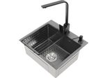 Lavello Da Cucina - Set Con Rubinetto - 40×45 Cm - Vasca Singola - Rettangolare - 3 Fori - Acciaio Inossidabile - Nero