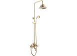 Sistema Doccia A Pioggia Antico - Set Doccia Con Miscelatore - Ottone - Superficie Lucida - Soffione Rotondo - Valvola In Ceramica - Doccetta 22,5 X 9 Cm - Tubo Flessibile 1,5 M - Oro
