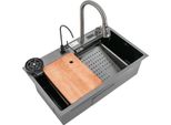 Lavello Da Cucina A Cascata Con Display Digitale - Lavello Da Lavoro - Sottopiano - Vasca Singola - Rettangolare - Acciaio Inossidabile Lucido - Con Rubinetteria - Nero