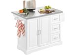 Carrello Da Cucina - FKW41 Carrello Di Servizio - Piano Di Lavoro In Acciaio Inox - Telaio In Legno - 4 Ruote Nascoste - Piano Di Lavoro Ribaltabile - Armadietto - Bianco