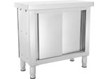 Tavolo Da Lavoro Da Cucina Con Ante Scorrevoli - Mobile Base - 80×40×80 Cm - Acciaio Inox 201 - Spazzolato - 2 Ante Scorrevoli - 2 Ripiani - Bianco
