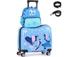 Costway Set Di 2 Valigie Per Bambini + Zaino, Trolley Per Bambini 12"+18"" Con Ruote E Guscio Rigido, Bagaglio Per Bambini Con Tracolla, Corda E Poggiapiedi, Valigia Con Ruote"