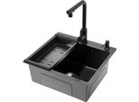 Lavello Da Cucina - Vasca Singola 50 X 45 Cm - Acciaio Inossidabile - Con Rubinetto Estraibile - Filtro - 2 Fori - Nero