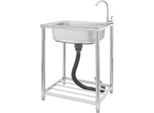 Lavello Da Cucina In Acciaio Inox - Vasca Singola Indipendente - Con Rubinetto - Girevole A 360° - Rettangolare - Dimensioni 60×45×82 Cm - Scarico Ø11 Cm - Tubi Di Alimentazione E Scarico Da 60 Cm - Argento