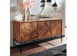 Massivholz Sideboard 120Cm Sheesham Natur Design Kommode Mit 3 TüRen Metall Schwarz