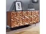 Massivholz Sideboard 145Cm Sheesham Kommode Mit 3 TüRen Retro 3D Design Metall Schwarz