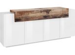 Sideboard Home Affaire "Coro, Kommode, Schrank, Kredenz, Grifflos Mit EinlegeböDen", Weiß (Weiß Hochglanz, Ahornfarben), B:200Cm H:85,6Cm T:45Cm, Sideboards, Sideboard, 1 Klappe,4 TüRen, Doppeltiefe, B/T/H 200X45X85,6Cm
