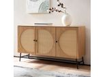 Sideboard 140Cm Mdf Eiche Dekor Mit 3 TüRen In Ratten Wiener Geflecht Design Kommode Mit Metall Schwarz