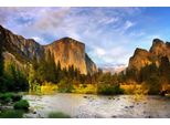Fototapete Papermoon "Yosemite TAL-GEBIRGE Blume Berge Sonne Wald Fluss Felse", Bunt, B:4M L:2,6M, Vlies, Tapeten