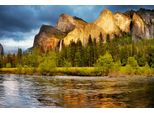 Fototapete Papermoon "Yosemite TAL-FLUSS Gebirge Wald Berge Sonne Wasserfall", Bunt, B:3,5M L:2,6M, Vlies, Tapeten
