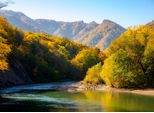 Fototapete Papermoon "Autumn Mountain Forest River", Bunt, B:5M L:2,8M, Vlies, Tapeten