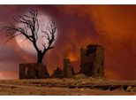 Fototapete Papermoon "Ruine In Landschaft Mit Mond", Bunt, B:3,5M L:2,6M, Vlies, Tapeten