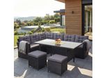 Poly-Rattan-Garnitur MCW-A29, Gartengarnitur Sitzgruppe Lounge-Esstisch-Set, Schwarz ~ Kissen Dunkelgrau, Mit 2X Hocker
