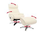 Relaxsessel Mit Hocker MCW-K98, Fernsehsessel Sessel, Liegefunktion Drehbar, Metall Echtleder/Kunstleder ~ Creme-Weiß