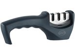 Messerschärfer RÖSLE, schwarz, B:4,8cm H:7,5cm L:20cm, Kunststoff, Messerschärfer, Messerschärfer, 3 Stufen, Schleifkopf wechselbar, stabiler Stand, ergonomischer Griff