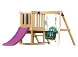 AXI Timo Klettergerüst aus Holz in Braun mit Rutsche in Lila | Spielturm / Spielplatz für Kinder mit Babyschaukel, Kletterwand und Tafel | Spielgerät für den Garten
