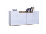 Sideboard Otto Home "Bolsena, Kommode, Schrank,Lowboard Mit 6 FäCher Und Offenes Ablagefach", Weiß Matt Korpus, Weiß Hochglanz Fronten, Eiche Wotan Matt, B:160Cm H:71,2Cm T:35Cm, Sideboards, Sideboard, Breite 160 Cm,Stehend/HäNgend,Fronten Hochglanz Lackiert,Made In Italy