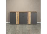 Kommode Home Affaire "Estepona", Grau (Anthrazit Und Eichefarben), B:181Cm H:86Cm T:38Cm, Sideboards, Kommode, Sideboard Mit Anpassbaren TüRen Mit Rillen-Optik